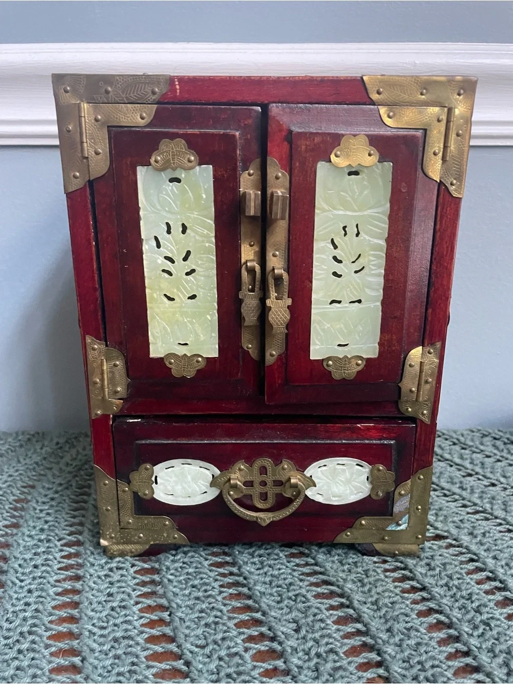 Vintage Chinese Carved Wood Jewelry Box With Jade Inlays & Brass Hardware